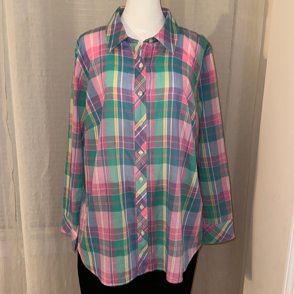 Talbots 1X Multicolored Plaid Cotton Long Sleeve Button Front Shirt